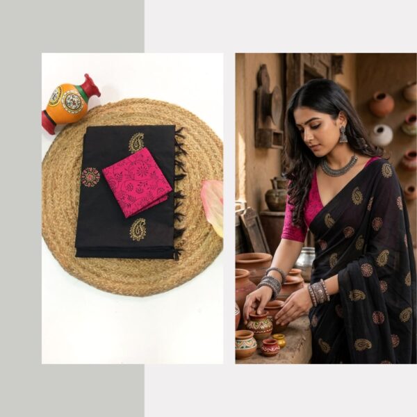 Blended South Cotton printed sarees with contrasting blouse PCDB094