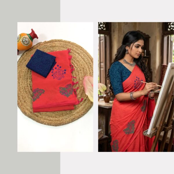 Blended South Cotton printed sarees with contrasting blouse PCDB095