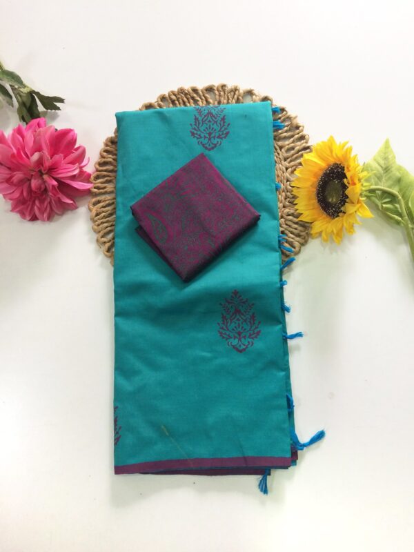 Blended South Cotton printed sarees with contrasting blouse PCDB005