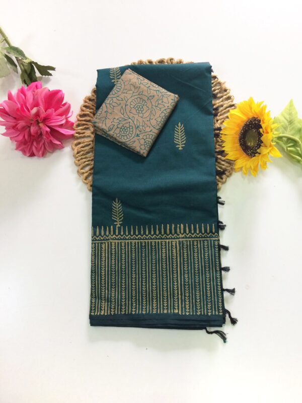 Blended South Cotton printed sarees with contrasting blouse PCDB006