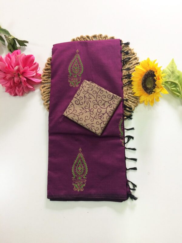 Blended South Cotton printed sarees with contrasting blouse PCDB012