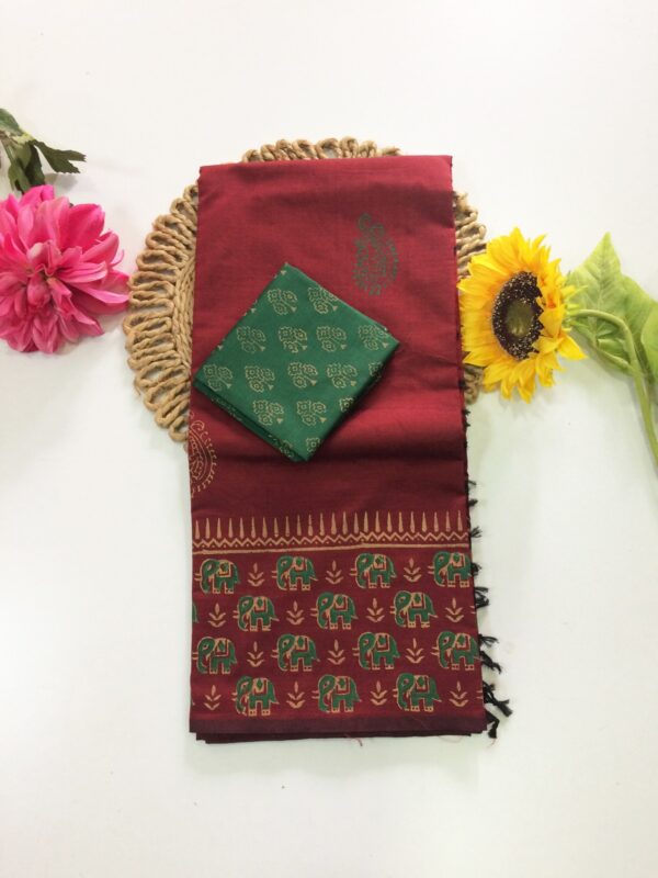 Blended South Cotton printed sarees with contrasting blouse PCDB014