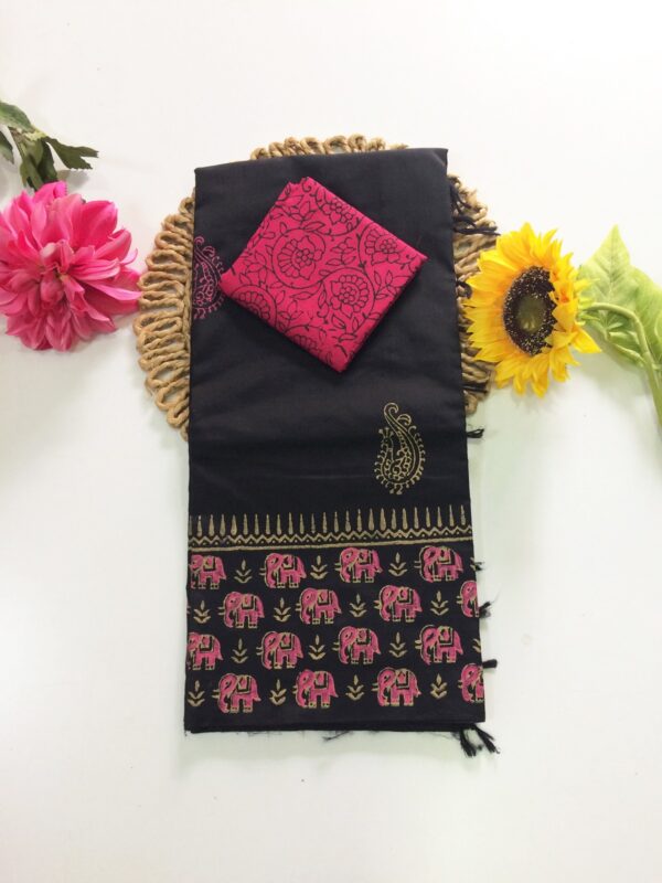 Blended South Cotton printed sarees with contrasting blouse PCDB017