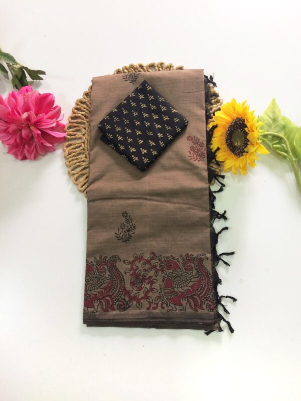Blended South Cotton printed sarees with contrasting blouse PCDB018