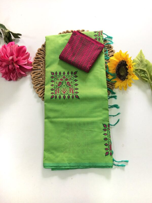 Blended South Cotton printed sarees with contrasting blouse PCDB020