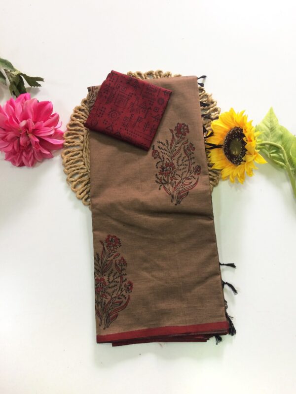 Blended South Cotton printed sarees with contrasting blouse PCDB023