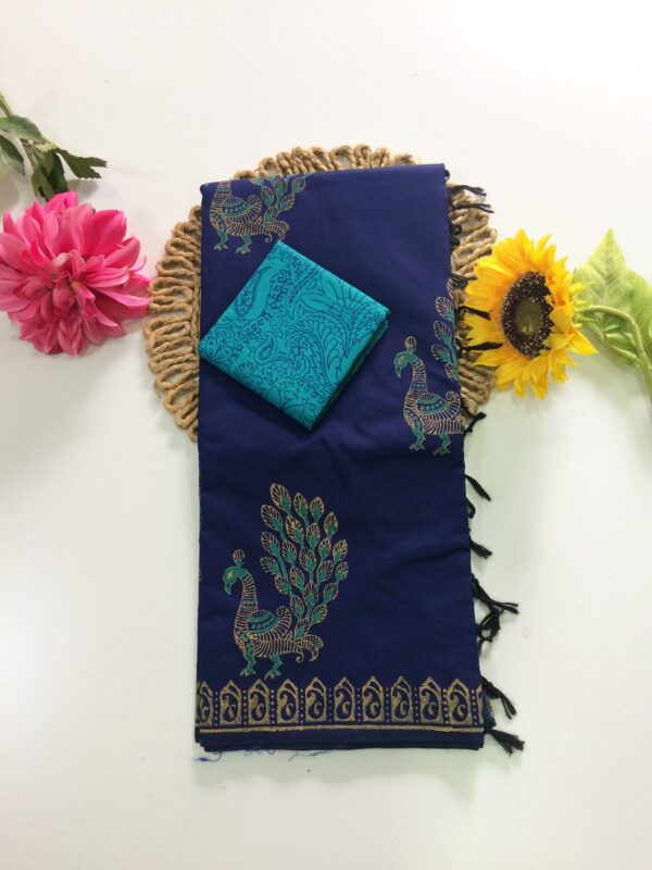 Blended South Cotton printed sarees with contrasting blouse PCDB026