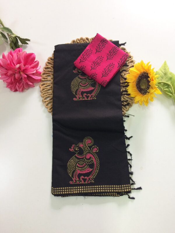 Blended South Cotton printed sarees with contrasting blouse PCDB027