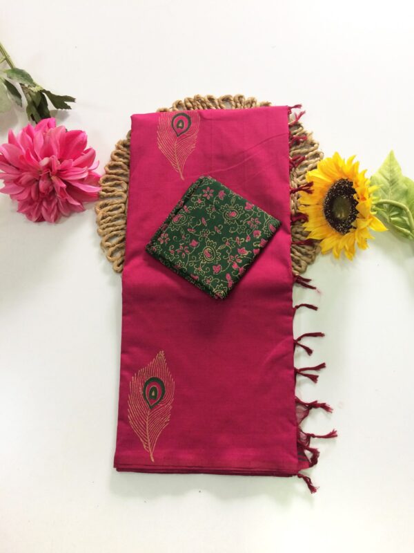 Blended South Cotton printed sarees with contrasting blouse PCDB003