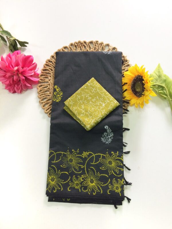 Blended South Cotton printed sarees with contrasting blouse PCDB049