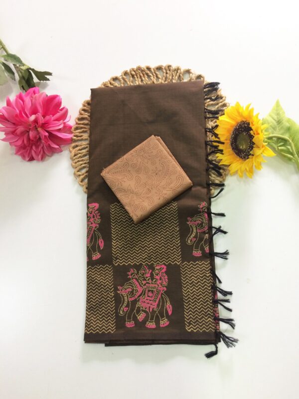 Blended South Cotton printed sarees with contrasting blouse PCDB053