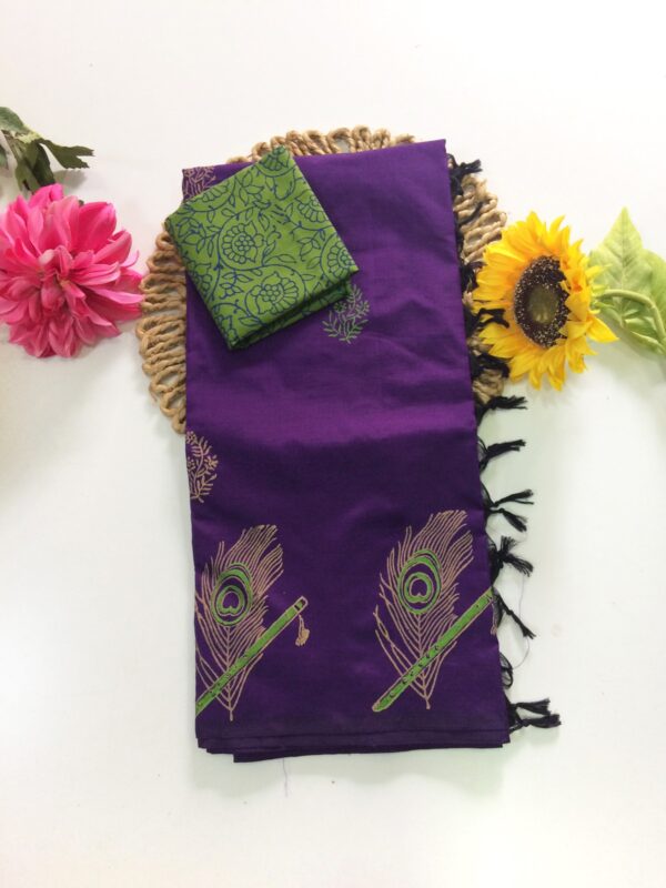 Blended South Cotton printed sarees with contrasting blouse PCDB055