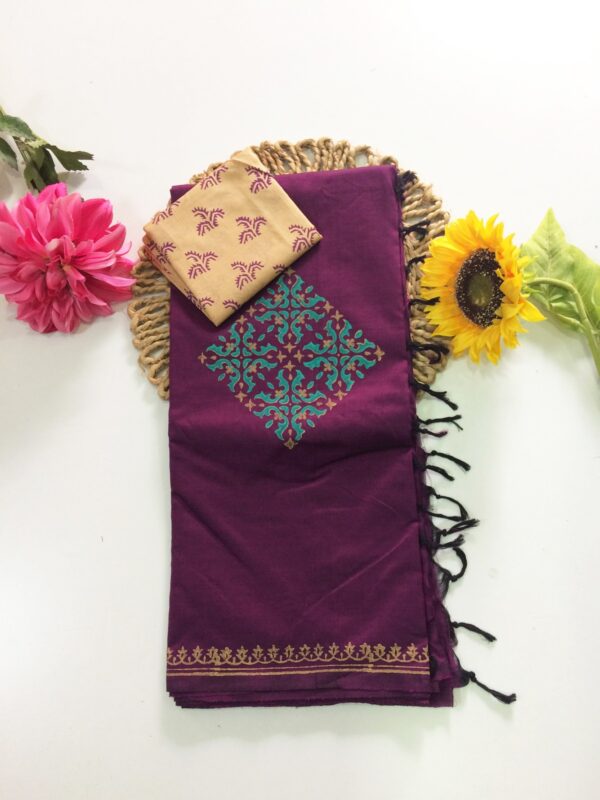 Blended South Cotton printed sarees with contrasting blouse PCDB058