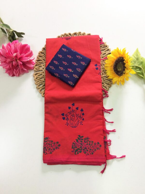 Blended South Cotton printed sarees with contrasting blouse PCDB036