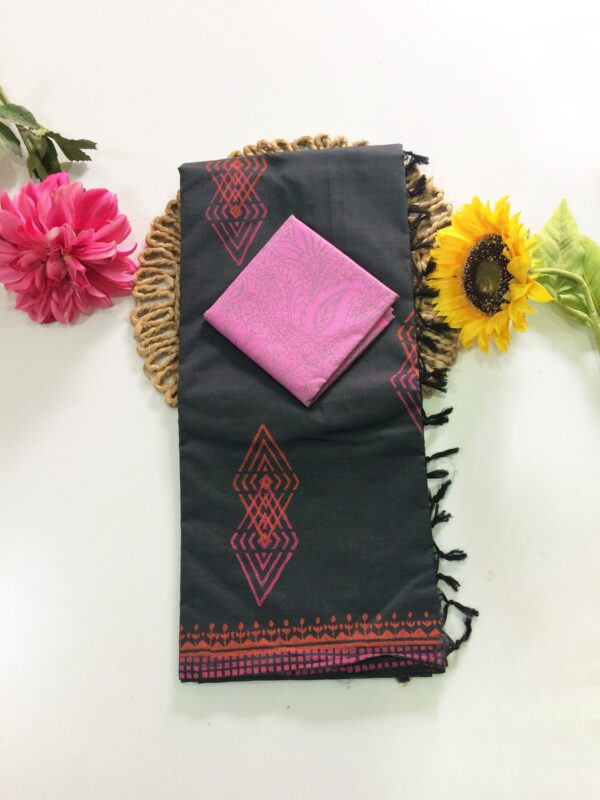 Blended South Cotton printed sarees with contrasting blouse PCDB038