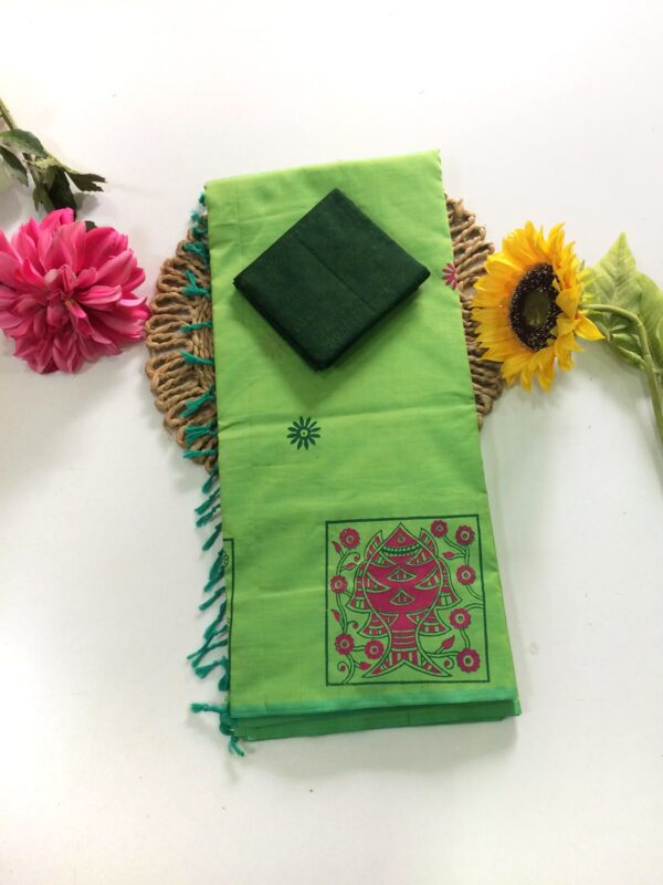 Blended South Cotton printed sarees with contrasting blouse PCDB048