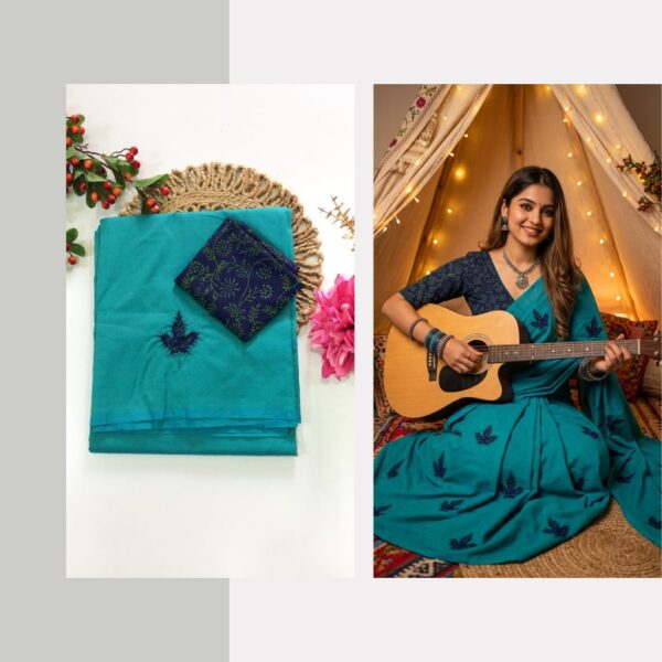 Blended South Cotton with applique work saree with contrasting blouse PCAPQ001