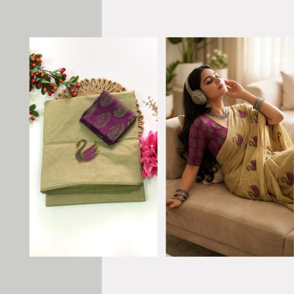 Blended South Cotton with applique work saree with contrasting blouse PCAPQ010