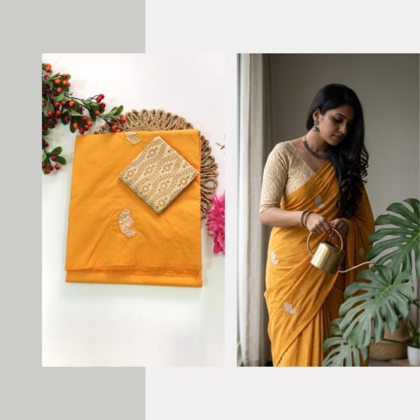 Blended South Cotton with applique work  saree with contrasting blouse PCAPQ011