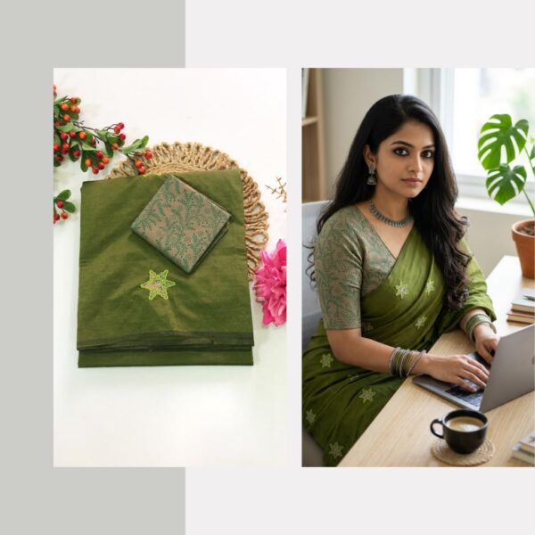 Blended South Cotton with applique work  saree with contrasting blouse PCAPQ012