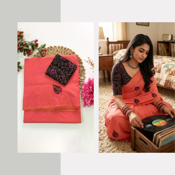 Blended South Cotton with applique work  saree with contrasting blouse PCAPQ013