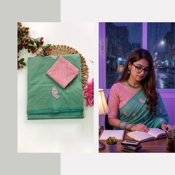 Blended South Cotton with applique work saree with contrasting blouse PCAPQ002