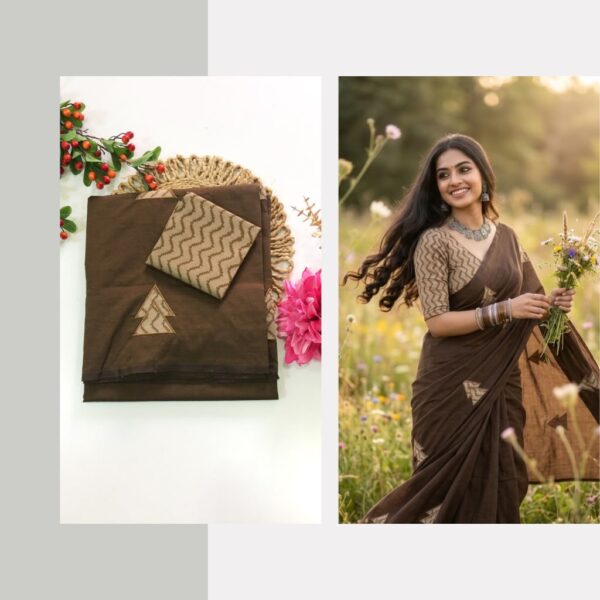 Blended South Cotton with applique work saree with contrasting blouse PCAPQ003