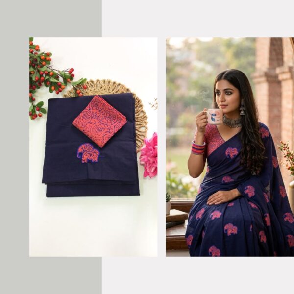 Blended South Cotton with applique work  saree with contrasting blouse PCAPQ004