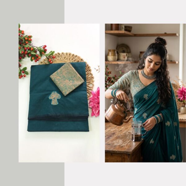 Blended South Cotton with applique work saree with contrasting blouse PCAPQ005