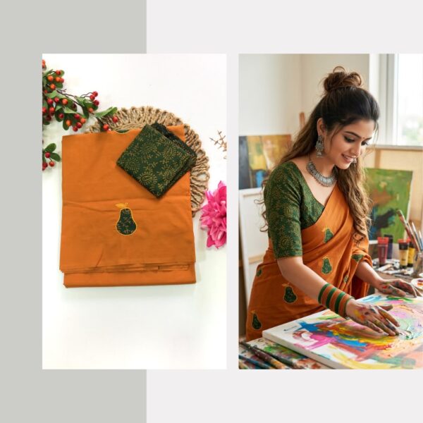 Blended South Cotton with applique work saree with contrasting blouse PCAPQ006