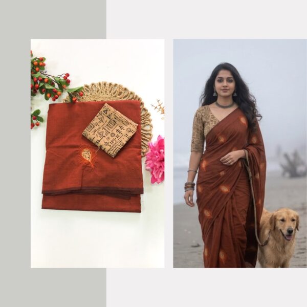 Blended South Cotton with applique work saree with contrasting blouse PCAPQ014