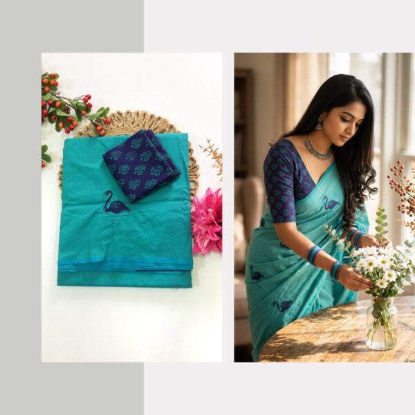 Blended South Cotton with applique work  saree with contrasting blouse PCAPQ007