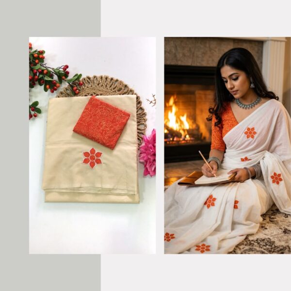 Blended South Cotton with applique work  saree with contrasting blouse PCAPQ008
