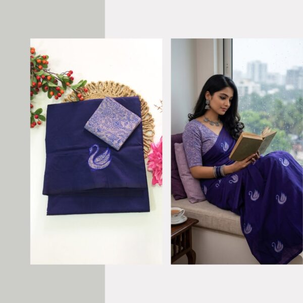 Blended South Cotton with applique work  saree with contrasting blouse PCAPQ009