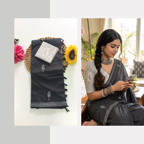 Blended South Cotton printed sarees with contrasting blouse PCDB116