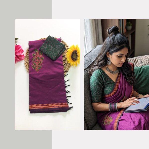 Blended South Cotton printed sarees with contrasting blouse PCDB117