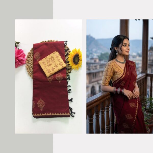 Blended South Cotton printed sarees with contrasting blouse PCDB118