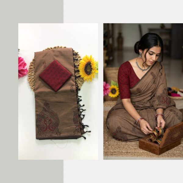 Blended South Cotton printed sarees with contrasting blouse PCDB119