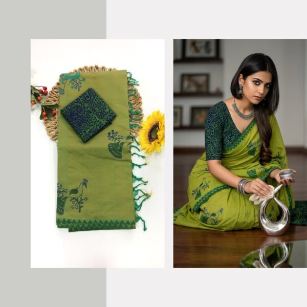 Blended South Cotton printed sarees with contrasting blouse PCDB120