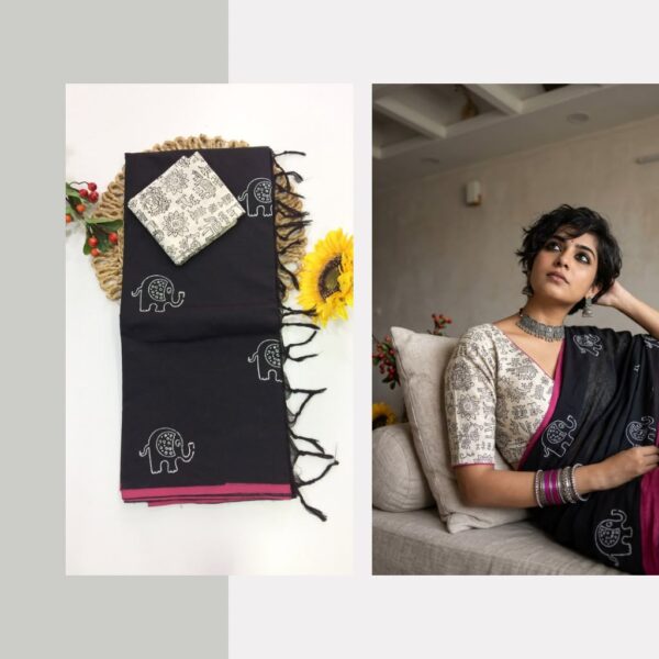 Blended South Cotton printed sarees with contrasting blouse PCDB121