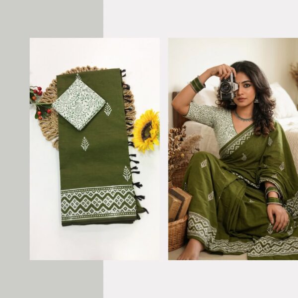 Blended South Cotton printed sarees with contrasting blouse PCDB122