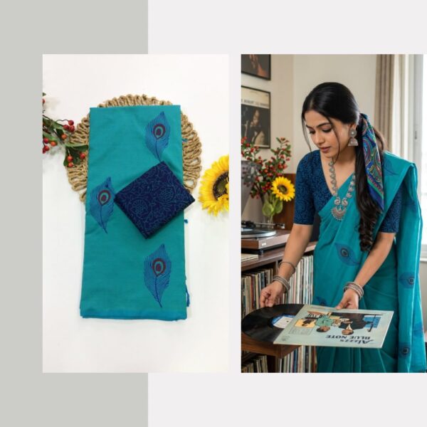 Blended South Cotton printed sarees with contrasting blouse PCDB124