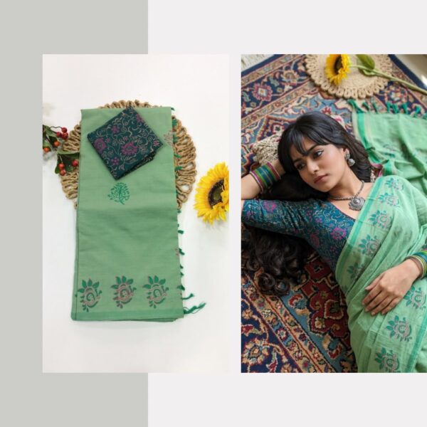 Blended South Cotton printed sarees with contrasting blouse PCDB128
