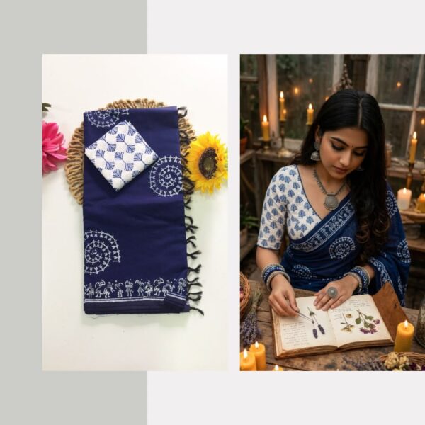 Blended South Cotton printed sarees with contrasting blouse PCDB069