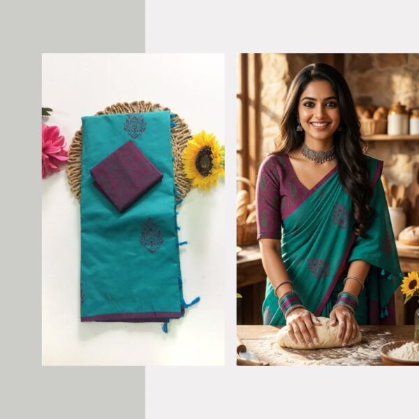 Blended South Cotton printed sarees with contrasting blouse PCDB070