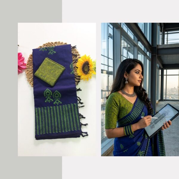 Blended South Cotton printed sarees with contrasting blouse PCDB071