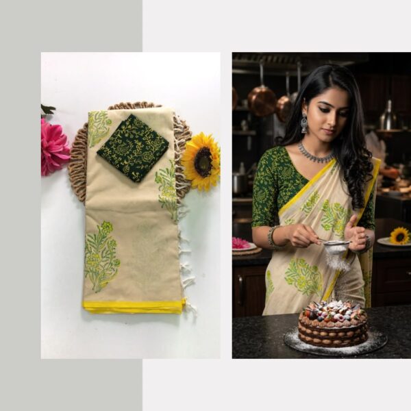 Blended South Cotton printed sarees with contrasting blouse PCDB072
