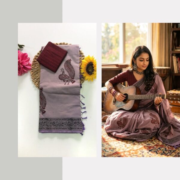 Blended South Cotton printed sarees with contrasting blouse PCDB073
