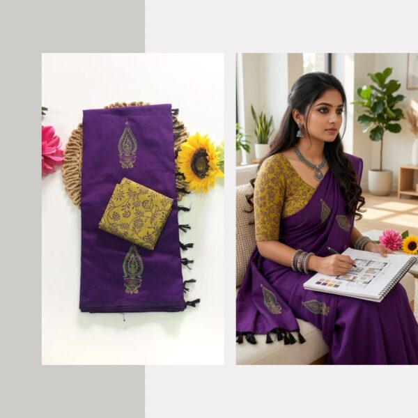 Blended South Cotton printed sarees with contrasting blouse PCDB074