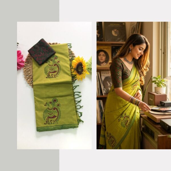 Blended South Cotton printed sarees with contrasting blouse PCDB075